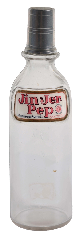 JIN-JER PEP LABEL UNDER GLASS SODA FOUNTAIN SYRUP BOTTLE.