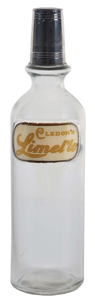 CLEDONS LIMEL-LO LABEL UNDER GLASS SODA FOUNTAIN SYRUP BOTTLE.