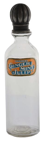EMERSONS GINGER-MINT JULEP LABEL UNDER GLASS SODA FOUNTAIN SYRUP BOTTLE.