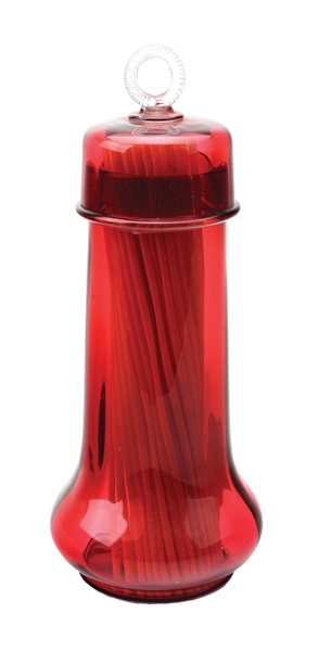 WONDERFUL VICTORIAN REBY RED GLASS STRAW HOLDER.