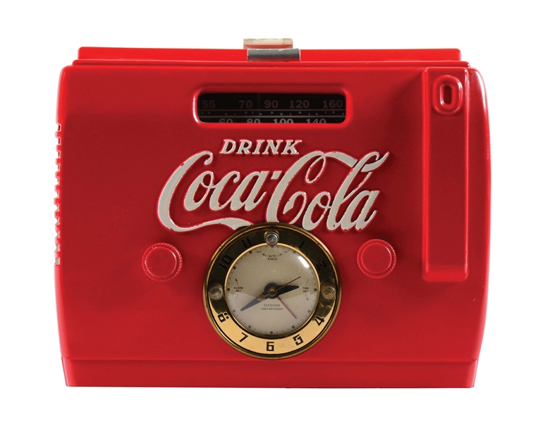 "DRINK COCA-COLA" COOLER RADIO WITH CLOCK FACE.