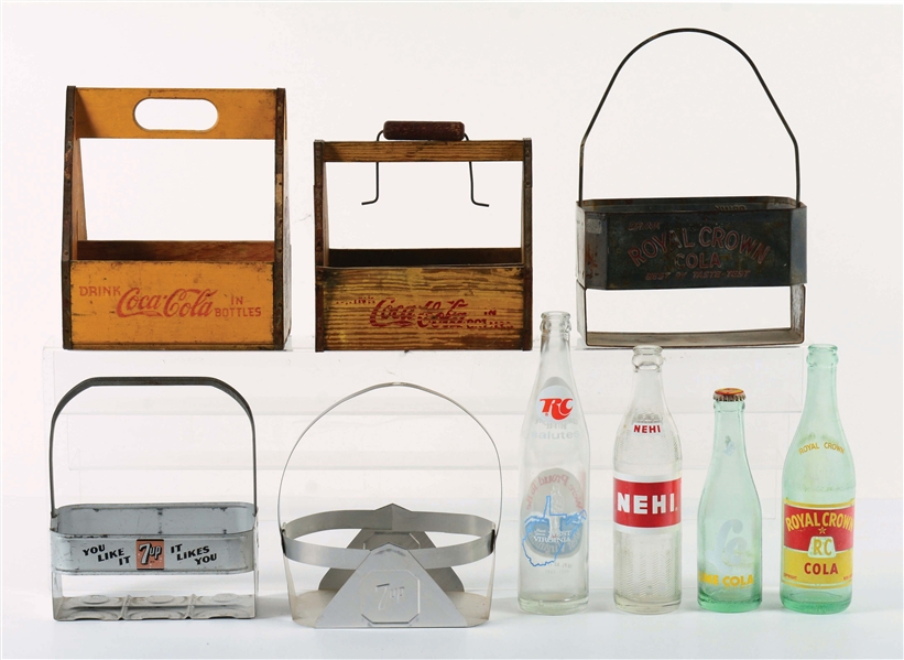 LOT OF 5 SODA CARRIERS AND 4 GLASS BOTTLES.