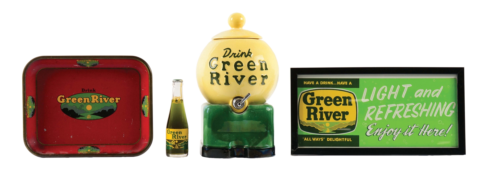 LOT OF 4: GREEN RIVER SYRUP DISPENSER, TRAY AND SIGN.