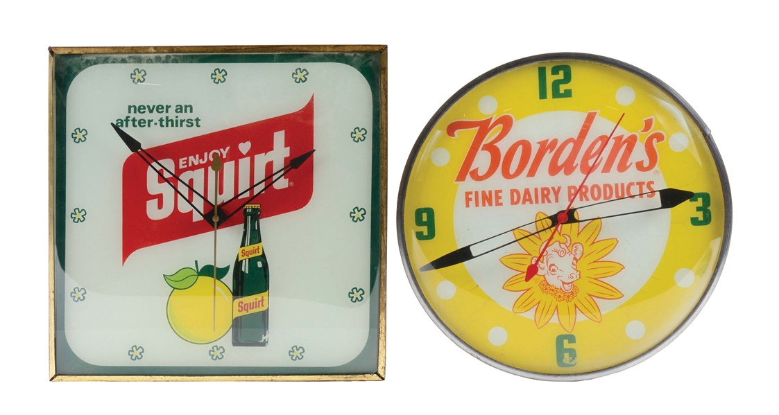LOT OF 2: SQUIRT AND BORDENS CLOCKS.