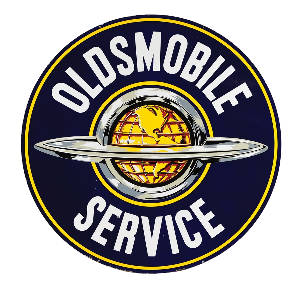 OLDSMOBILE SERVICE 60" PORCELAIN SIGN W/ GLOBE & SATURN RING GRAPHIC.