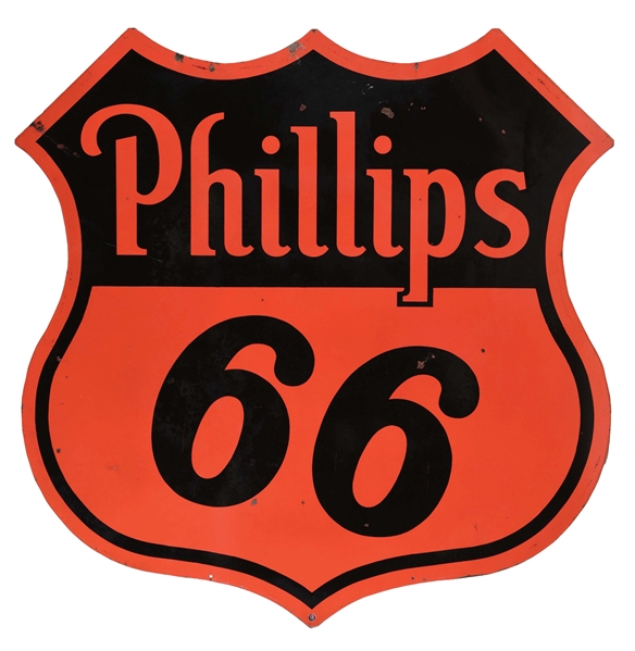 LARGE PHILLIPS 66 GASOLINE PORCELAIN SERVICE STATION SHIELD SIGN.