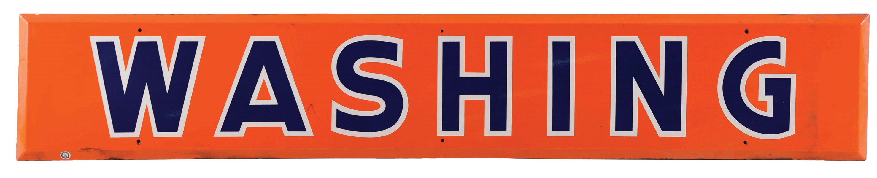 UNION OIL COMPANY "WASHING" PORCELAIN SERVICE STATION STRIP SIGN W/ SELF FRAMED OUTER EDGE. 