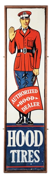 HOOD TIRES AUTHORIZED DEALER TIN SIGN W/ FLAGMAN GRAPHIC AND ADDED WOOD FRAME.