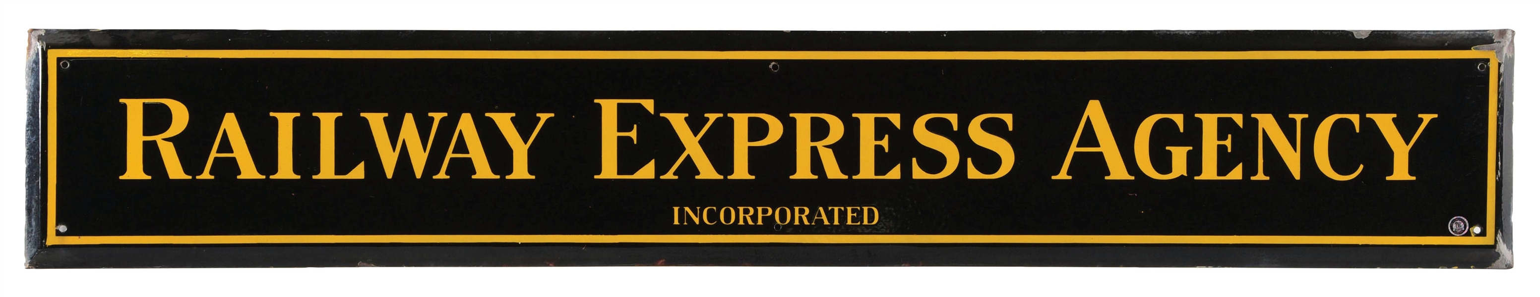RAILWAY EXPRESS AGENCY PORCELAIN SIGN W/ SELF FRAMED OUTER EDGE. 