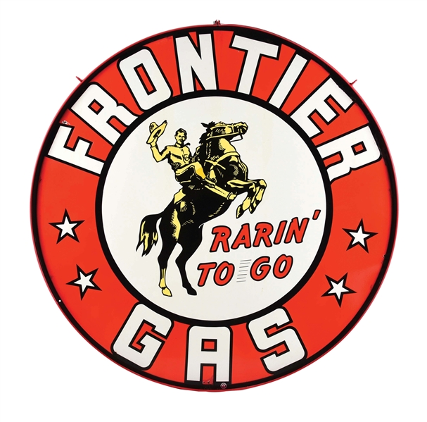 OUTSTANDING FRONTIER "RARIN TO GO" GASOLINE PORCELAIN SERVICE STATION SIGN W/ GOLD RIDER GRAPHIC. 