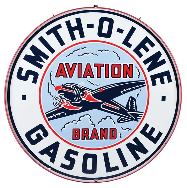 FINEST KNOWN SMITHOLENE AVIATION BRAND GASOLINE PORCELAIN SERVICE STATION SIGN W/ AIRPLANE GRAPHIC. 