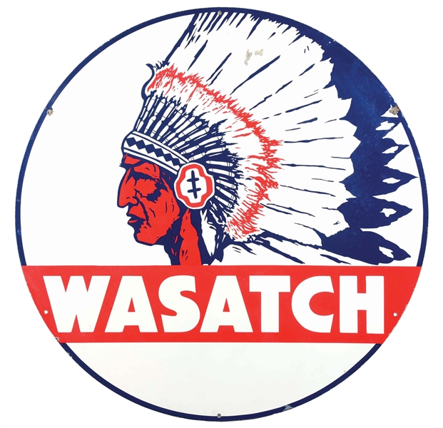 STUNNING & RARE WASATCH GASOLINE 48" PORCELAIN SERVICE STATION SIGN W/ NATIVE AMERICAN GRAPHIC. 