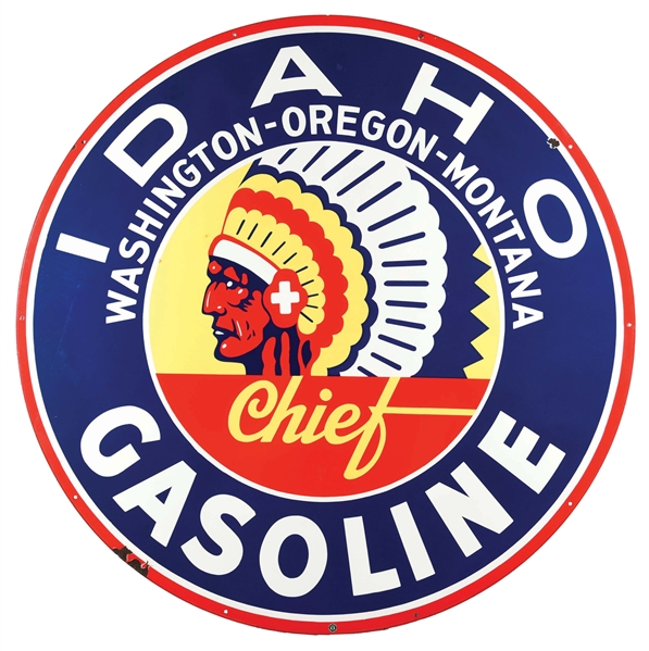 OUTSTANDING IDAHO CHIEF GASOLINE 72" PORCELAIN SIGN W/ NATIVE AMERICAN GRAPHIC. 
