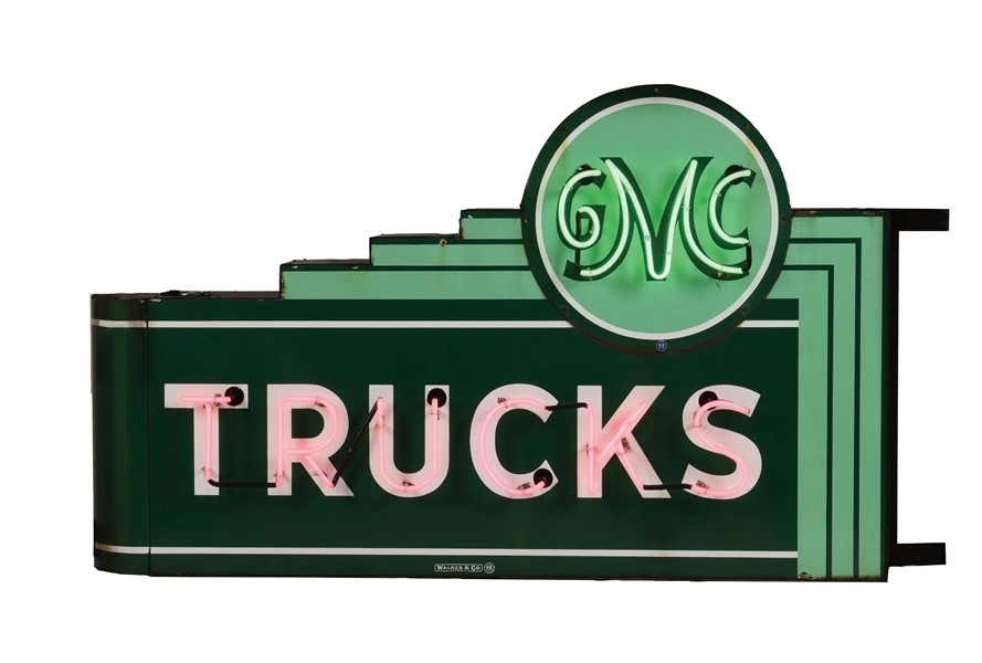 OUTSTANDING GMC TRUCKS COMPLETE PORCELAIN NEON SIGN W/ BULLNOSE ATTACHMENT. 