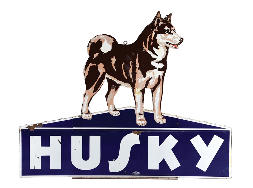 HUSKY GASOLINE COMPLETE SERVICE STATION PORCELAIN SIGN W/ PORCELAIN CAN ATTACHMENTS. 