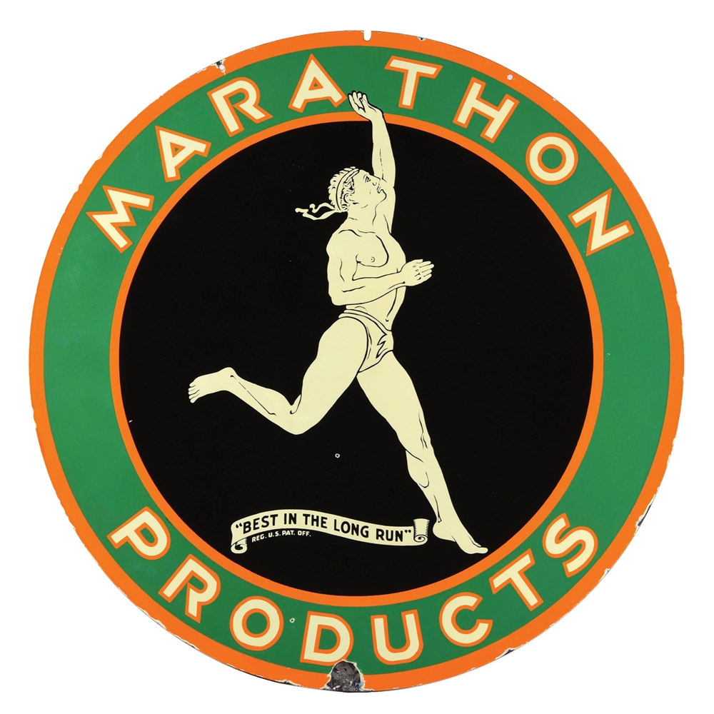MARATHON PRODUCTS "BEST IN THE LONG RUN" PORCELAIN SERVICE STATION SIGN. 