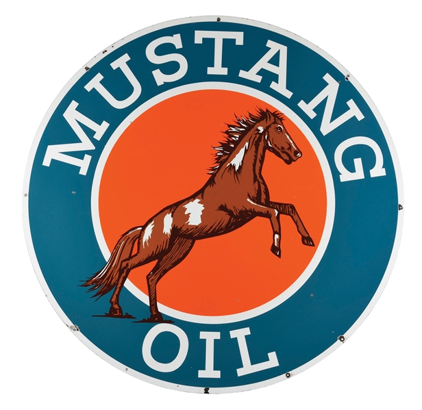 MUSTANG OIL PORCELAIN SERVICE STATION SIGN W/ HORSE GRAPHIC. 