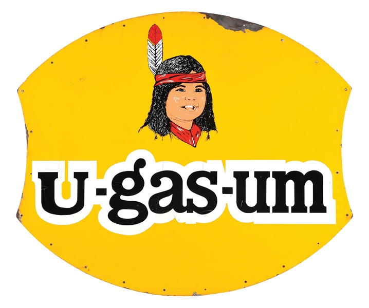 U-GAS-UM PORCELAIN SERVICE STATION SIGN W/ NATIVE AMERICAN GRAPHIC. 