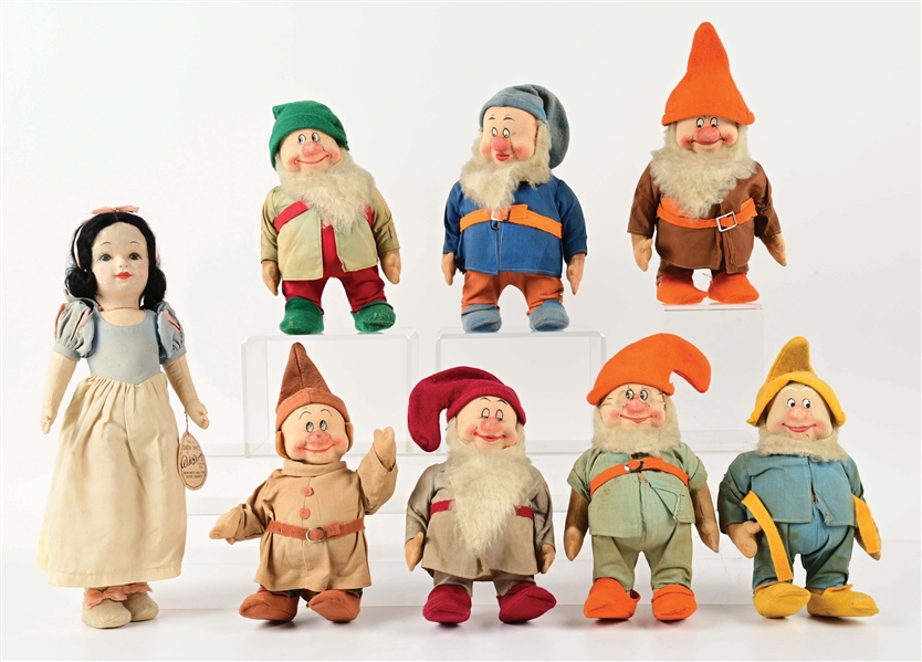 LOT OF 8: CHAD VALLEY ENGLISH SNOW WHITE AND THE SEVEN DWARFS DOLLS.