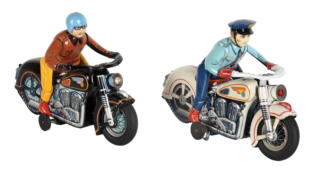 LOT OF 2: JAPANESE TIN LITHO BATTERY-OPERATED MOTORCYCLE TOYS.