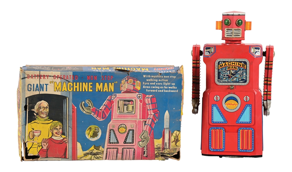 EXTREMELY RARE JAPANESE TIN LITHO BATTERY-OPERATED "GANG OF 5" GIANT MACHINE MAN ROBOT.