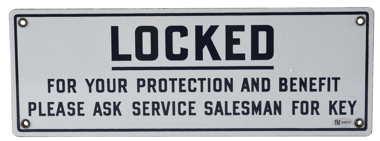 GULF SERVICE STATION "LOCKED FOR YOUR PROTECTION" PORCELAIN REST ROOM SIGN.