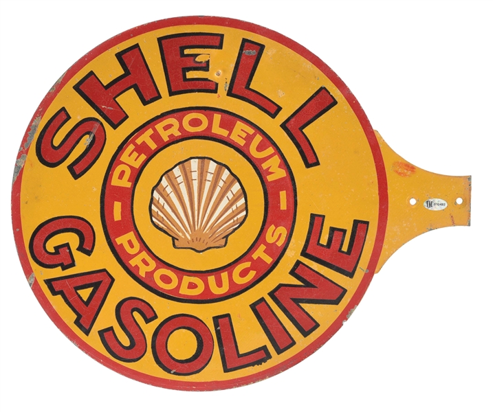 RARE & EARLY SHELL GASOLINE PAINTED TIN VISIBLE PUMP PADDLE SIGN W/ CLAMSHELL GRAPHIC. 
