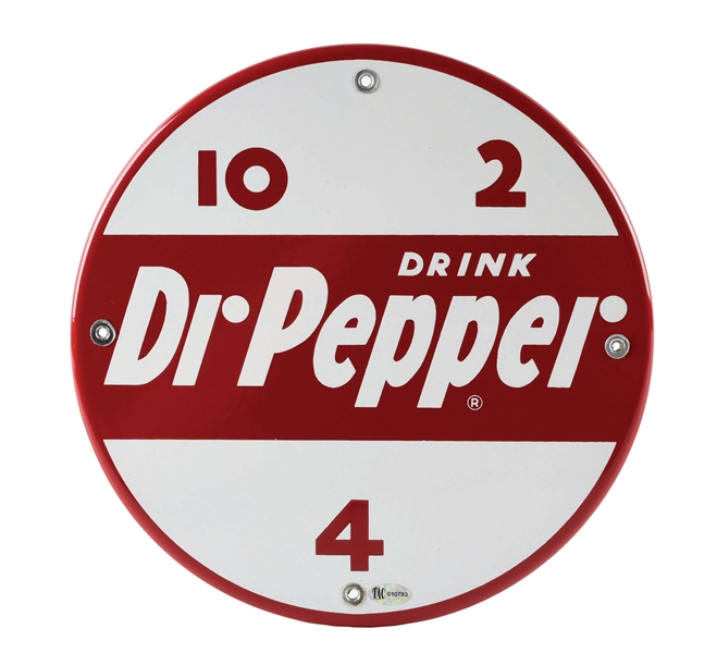 DRINK DR. PEPPER AT 10, 2 & 4 PORCELAIN SODA POP SIGN W/ LIPPED EDGE. 
