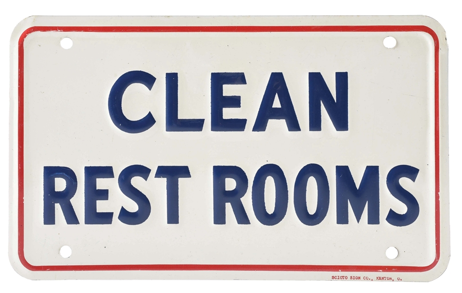 STANDARD OIL CLEAN REST ROOMS EMBOSSED TIN SERVICE STATION SIGN.