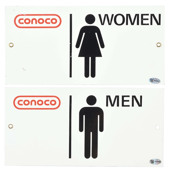 SET OF 2: CONOCO SERVICE STATION MEN & WOMEN TIN REST ROOM SIGNS.