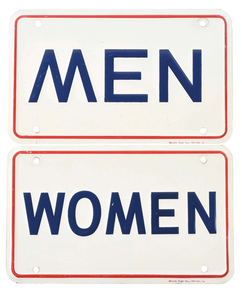 SET OF 2: STANDARD OIL MEN & WOMEN EMBOSSED TIN REST ROOM SIGNS.