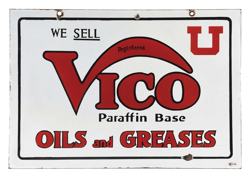 RARE WE SELL VICO OILS & GREASES PORCELAIN SERVICE STATION SIGN. 
