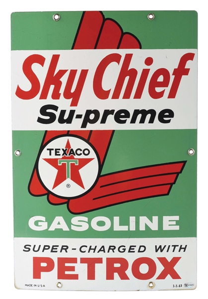 TEXACO SKY CHIEF SUPREME GASOLINE W/ PETROX PORCELAIN PUMP PLATE SIGN. 