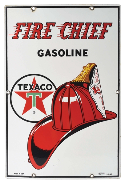 TEXACO FIRE CHIEF GASOLINE PORCELAIN PUMP PLATE SIGN W/ FIRE HELMET GRAPHIC. 