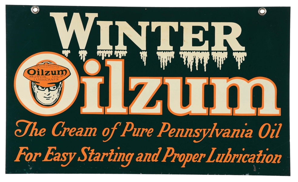 RARE & OUTSTANDING OILZUM WINTER MOTOR OILS TIN SIGN W/ OSWALD THE DRIVER GRAPHIC. 
