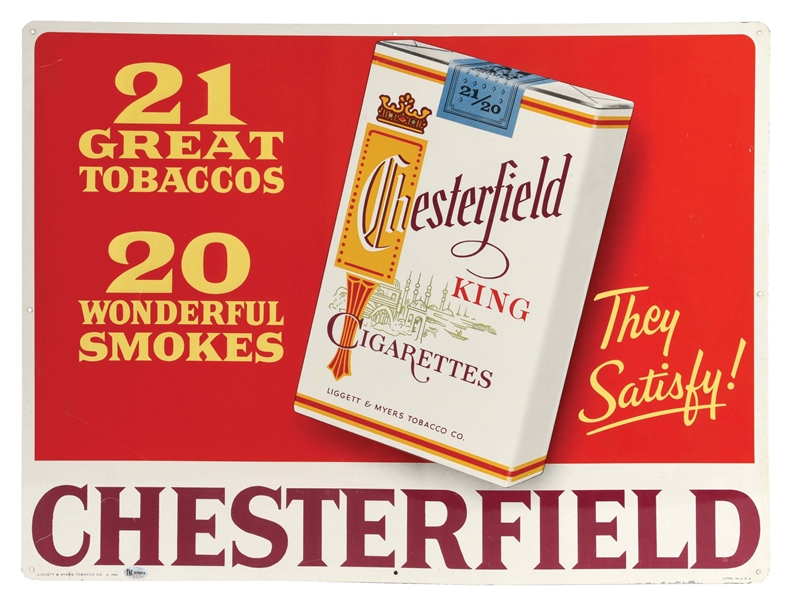 CHESTERFIELD CIGARETTES EMBOSSED TIN SIGN W/ PACK GRAPHIC. 
