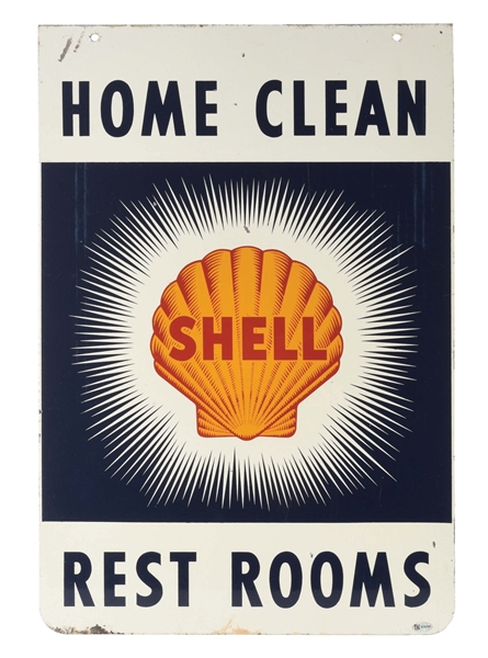 RARE SHELL HOME CLEAN RESTROOMS TIN SIGN W/ CLAMSHELL BURST GRAPHIC. 