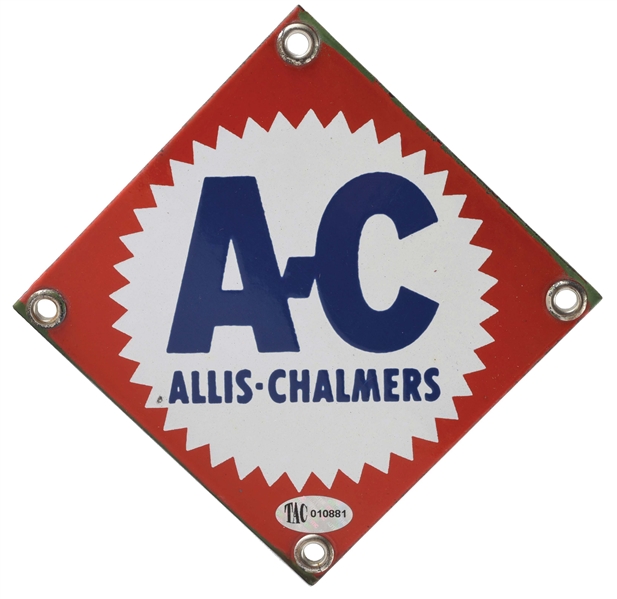ALLIS CHALMERS TRACTORS PORCELAIN SIGN W/ SAWTOOTH GRAPHIC. 