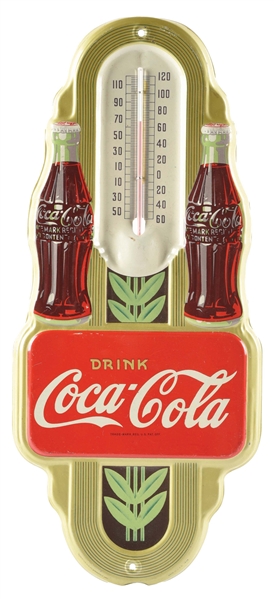 DRINK COCA COLA EMBOSSED TIN THERMOMETER W/ BOTTLE GRAPHICS. 