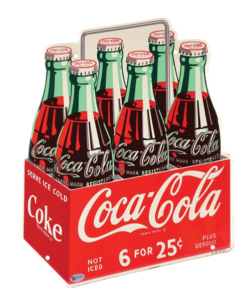 OUTSTANDING COCA COLA DIE CUT TIN SIX PACK SIGN W/ ROLLED EDGE. 