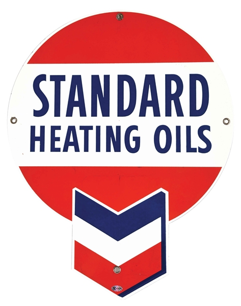 STANDARD HEATING OILS PORCELAIN SERVICE STATION SIGN W/ CHEVRON GRAPHIC. 