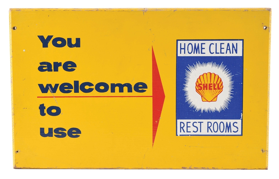 UNIQUE SHELL SERVICE STATION HOME CLEAN REST ROOMS WOODEN SIGN W/ CLAMSHELL GRAPHIC. 