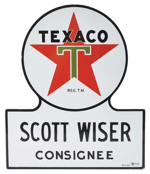 TEXACO GASOLINE & MOTOR OILS "SCOTT WISER" CONSIGNEE PORCELAIN KEYHOLE SIGN.