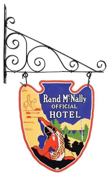 OUTSTANDING NEW OLD STOCK RAND MCNALLY OFFICIAL HOTEL PORCELAIN SIGN W/ NATIVE AMERICAN GRAPHIC. 