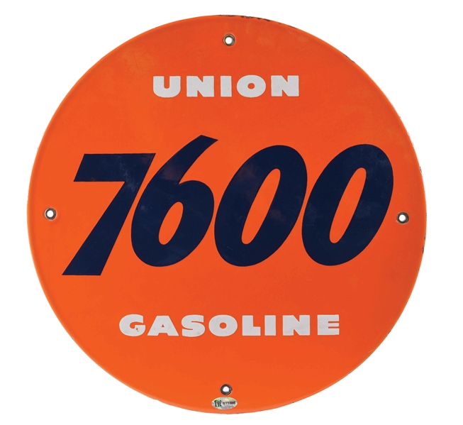 UNION 7600 GASOLINE PORCELAIN PUMP PLATE SIGN.