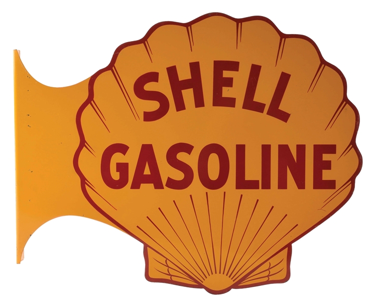 OUTSTANDING SHELL GASOLINE DIE-CUT TIN SERVICE STATION FLANGE SIGN. 