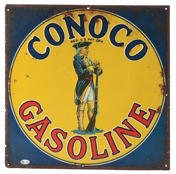 RARE CONOCO GASOLINE EMBOSSED TIN SIGN W/ MINUTE MAN GRAPHIC. 