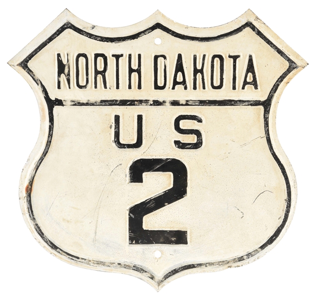 NORTH DAKOTA U.S. HIGHWAY TWO STAMPED STEEL SHIELD ROADSIDE SIGN. 