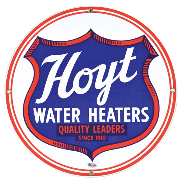 RARE HOYT WATER HEATERS PORCELAIN SIGN W/ SHIELD GRAPHIC. 