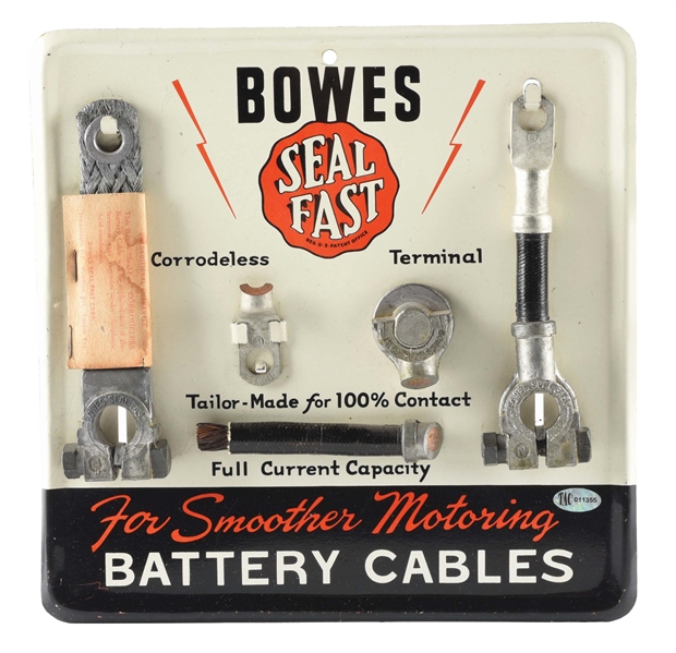 RARE BOWES SEAL FAST BATTERY CABLES SERVICE STATION DISPLAY W/ EMBOSSED OUTER EDGE. 